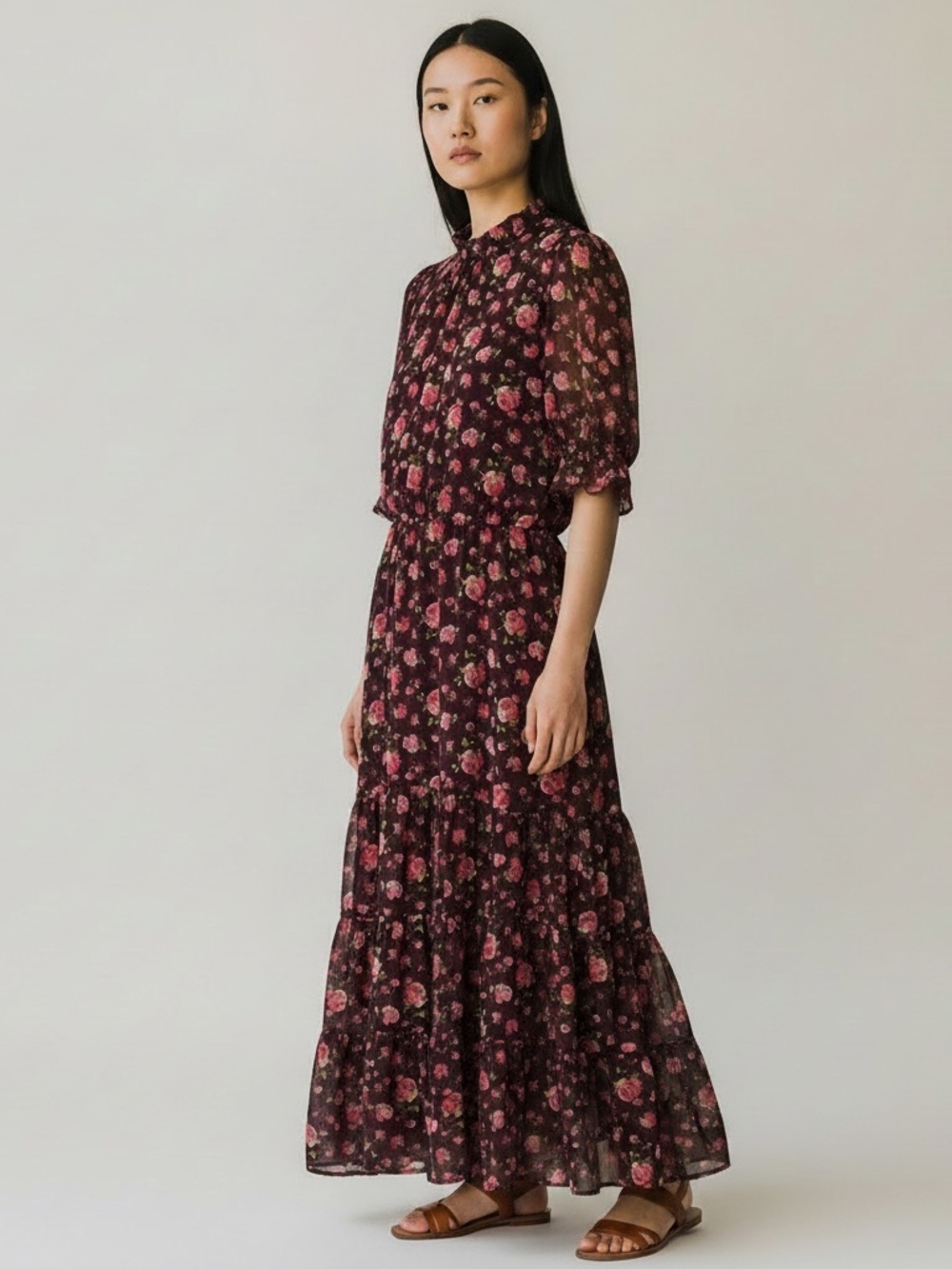 Betsey Johnson Romantic Floral Roses Maxi Dress Burgundy Pink Cottagecore Boho L